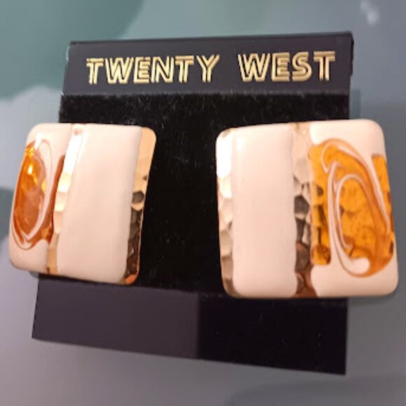 TWENTY WEST Vintage 1980's Square Shaped Ivory Enamel w/ Bronze & Gold Earrings - Picture 1 of 4